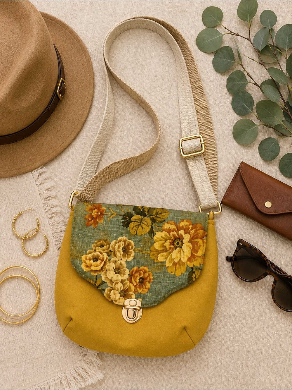 Handmade Mustard Yellow Floral Crossbody Bag Adjustable Strap